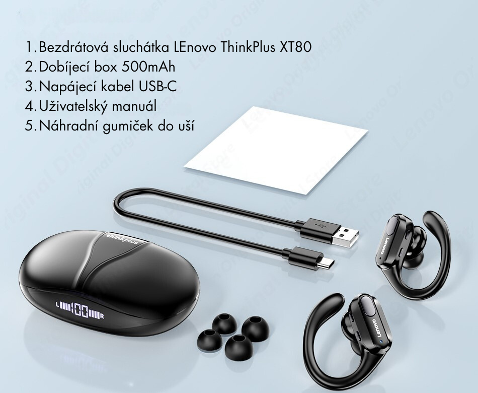 Bezdrátová sluchátka LEnovo ThinkPlus XT80 Dobíjecí box 500mAh Napájecí kabel USB-C Uživatelský manuál 3x gumičky do uší